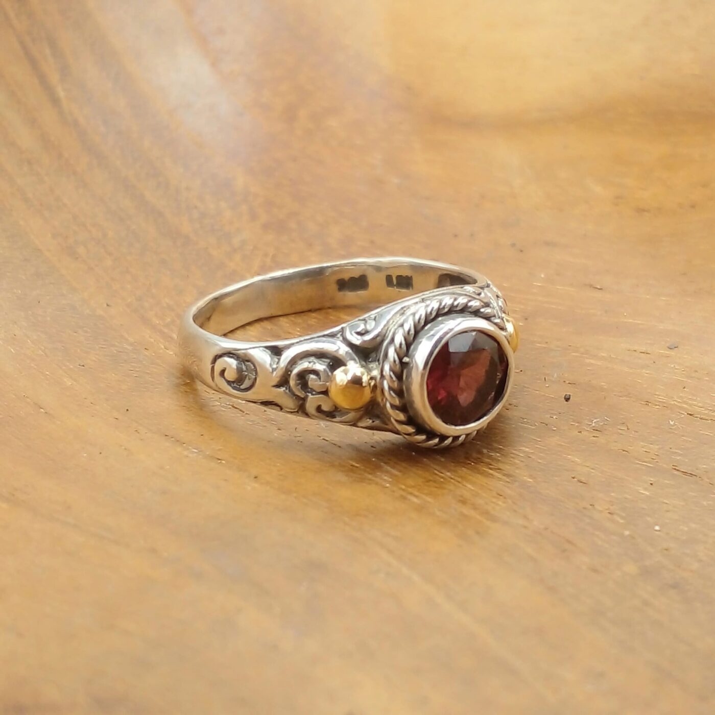Sterling Silver Bali Ring With Gold And Gem R671TQSW155