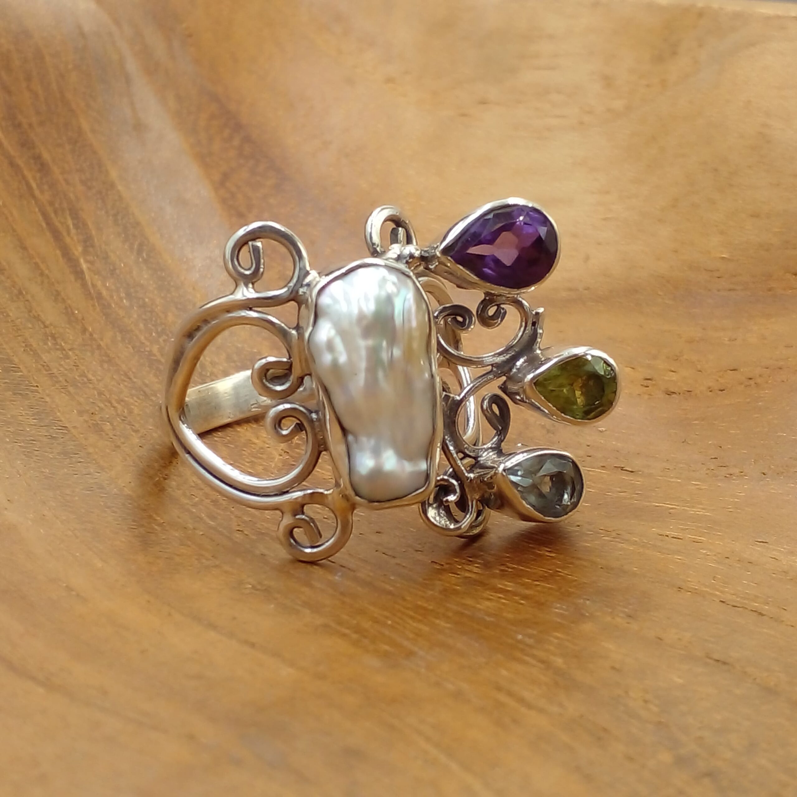 flower Tendrils Bali Silver Ring Multi Stones