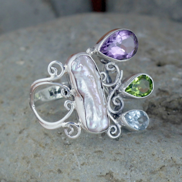 flower Tendrils Bali Silver Ring Multi Stones