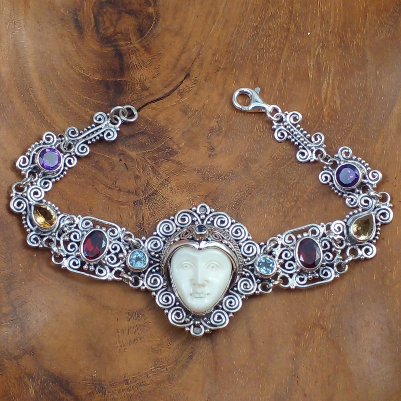 Bali Silver Bone Face Gemstone Bracelet