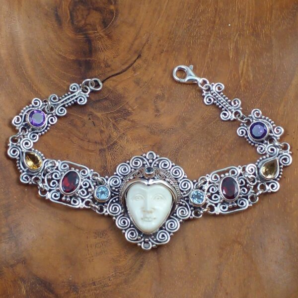 Bali Silver Bone Face Gemstone Bracelet
