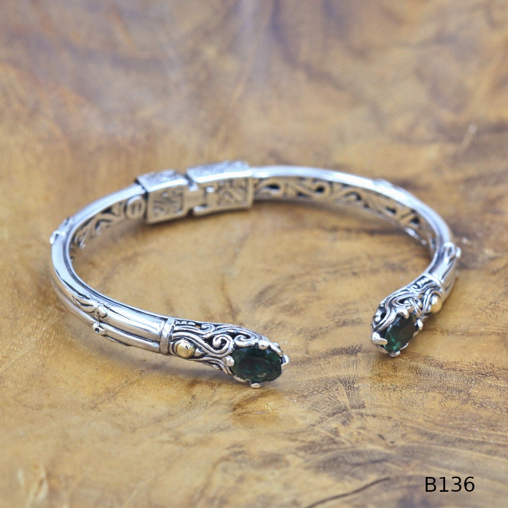 Bali Silver Oval Gemstone Gold Bracelet