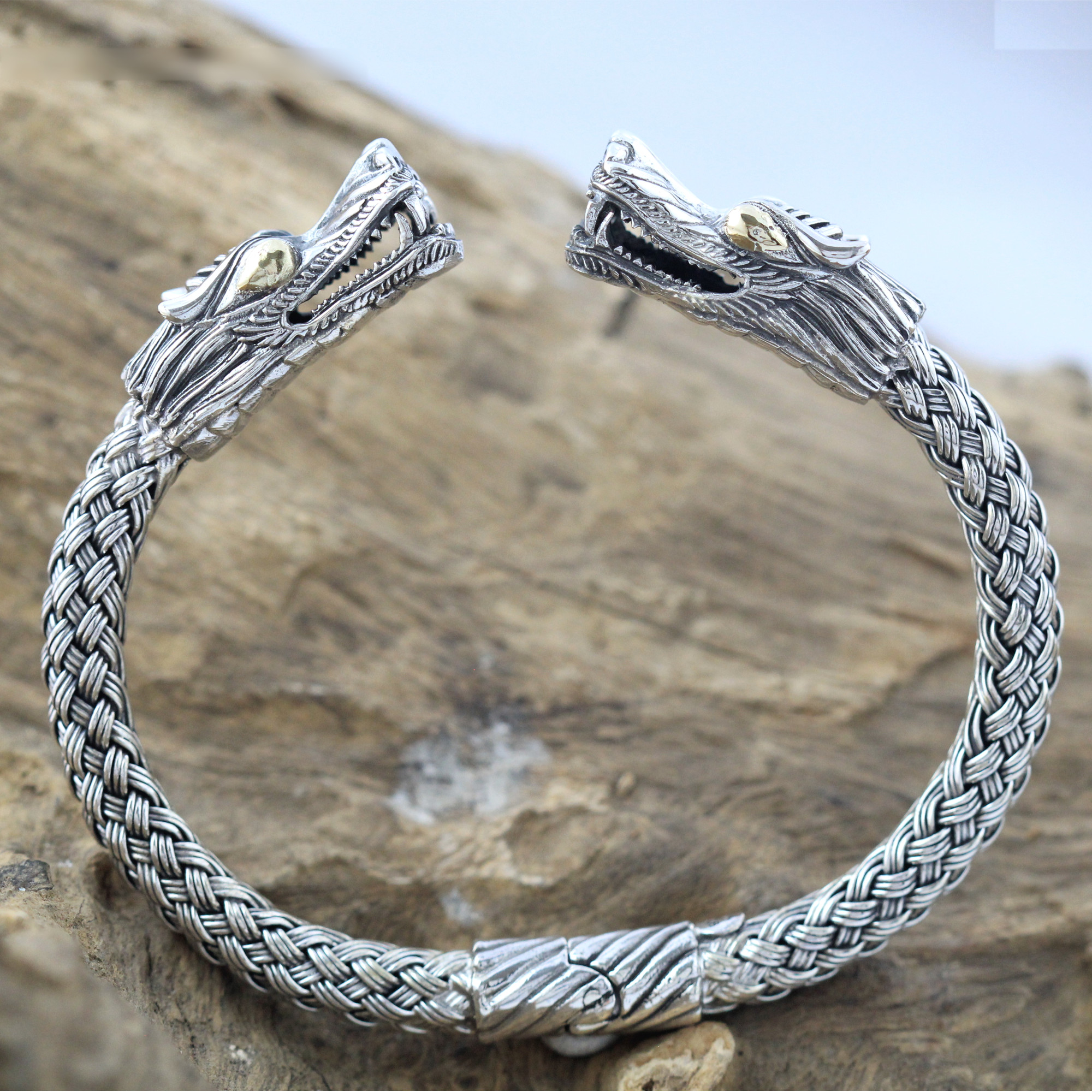 Silver Woven Dragon Golden Eye Bracelet