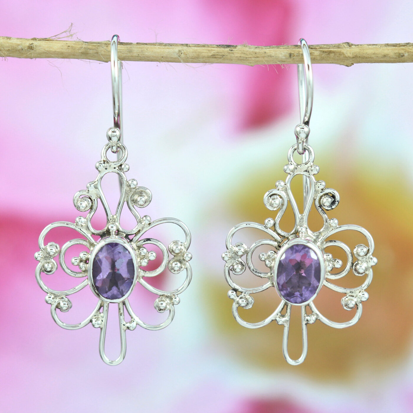 Amethyst Butterfly Bun Bali Silver Earrings