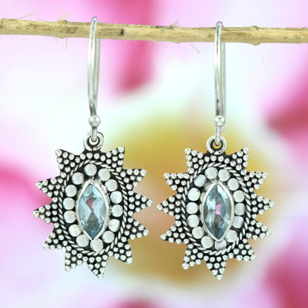 Bali Silver Blue Topaz Sun Jawan Earrings