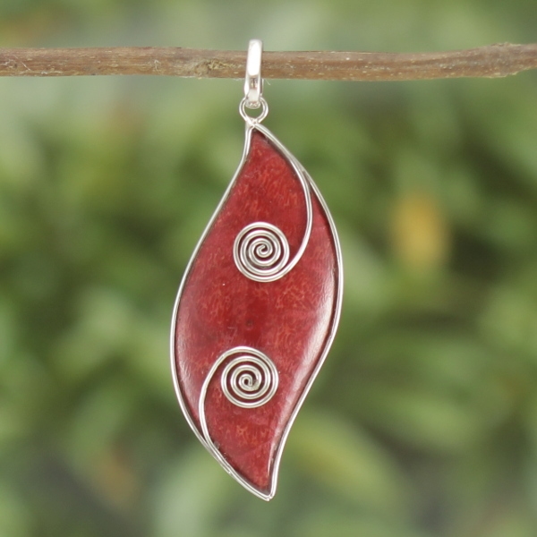 Red Coral Silver Pendant Bali S Shape P006CRLW75