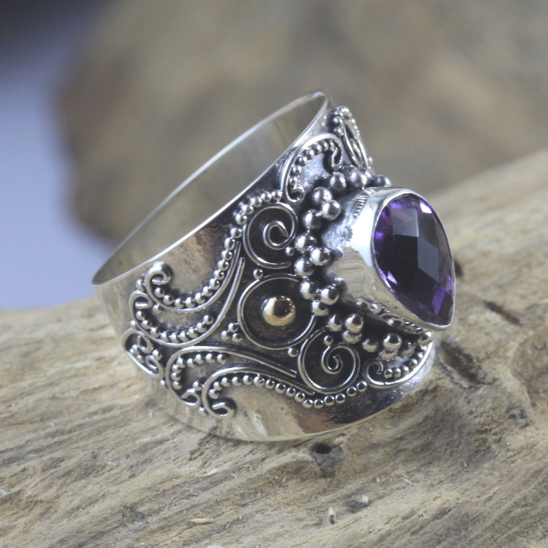 Bali Artisan Silver Gemstone Gold Ring R325AMYW225