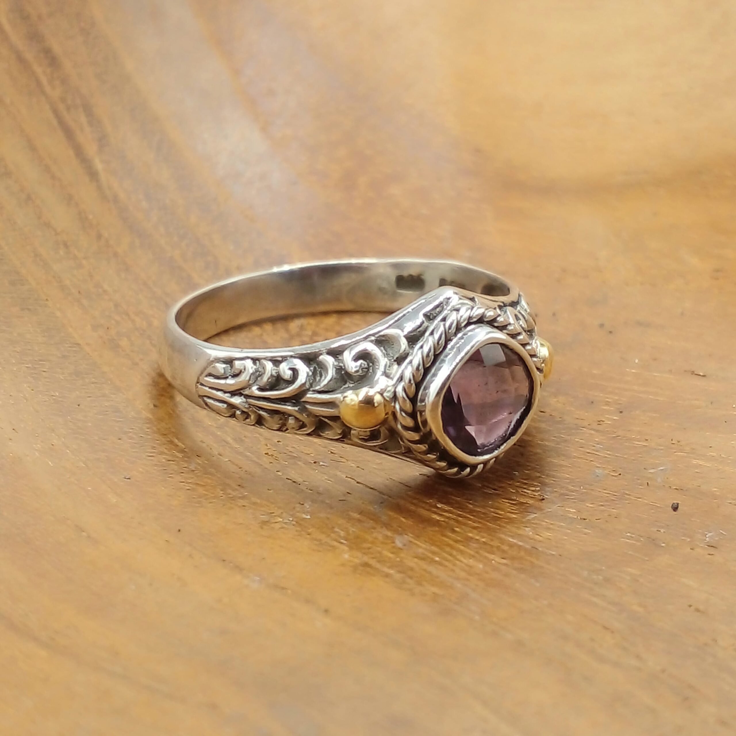Traditional Bali Silver Gold Gemstone Ring R670GRQW155 - Image 2