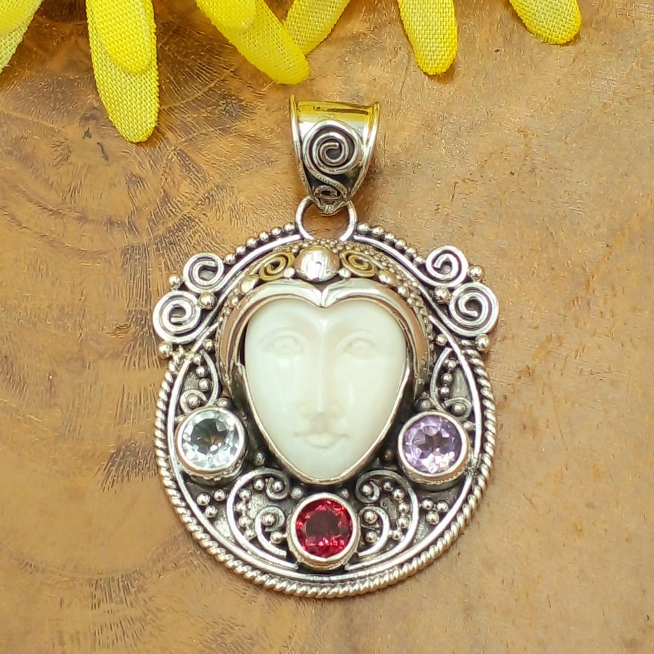 Silver Mask Pendant With Gems P824A-W554