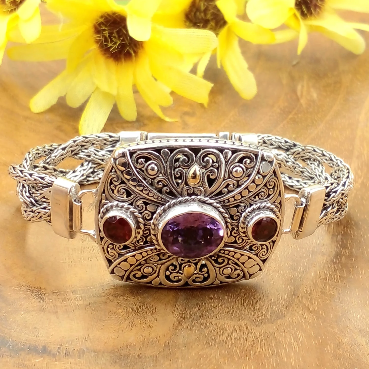 Balinese Silver Chain Bracelet With Gems B317AG-W1657