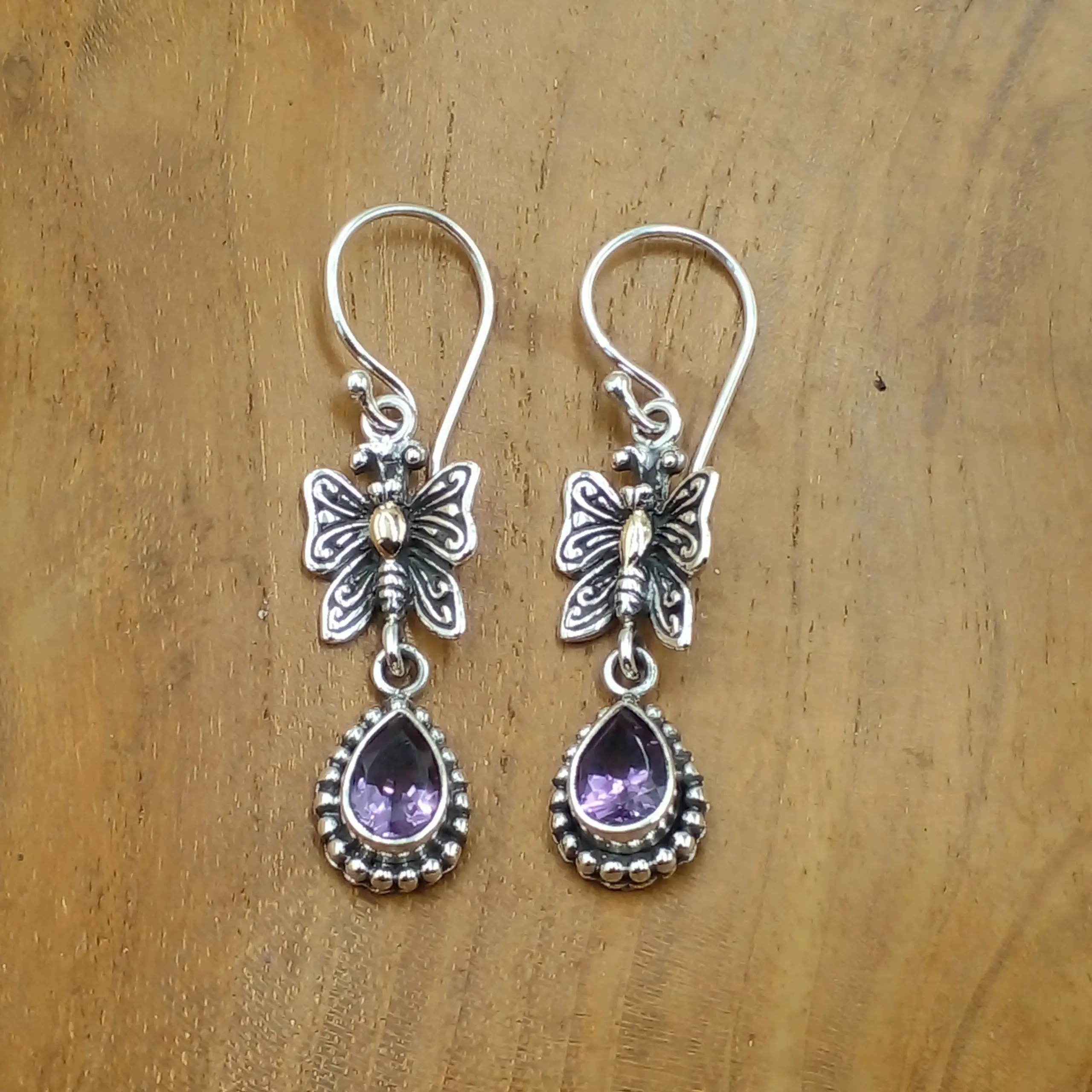 Filigree & Gemstone Silver Butterfly Hanging Earrings E1276BTZW323
