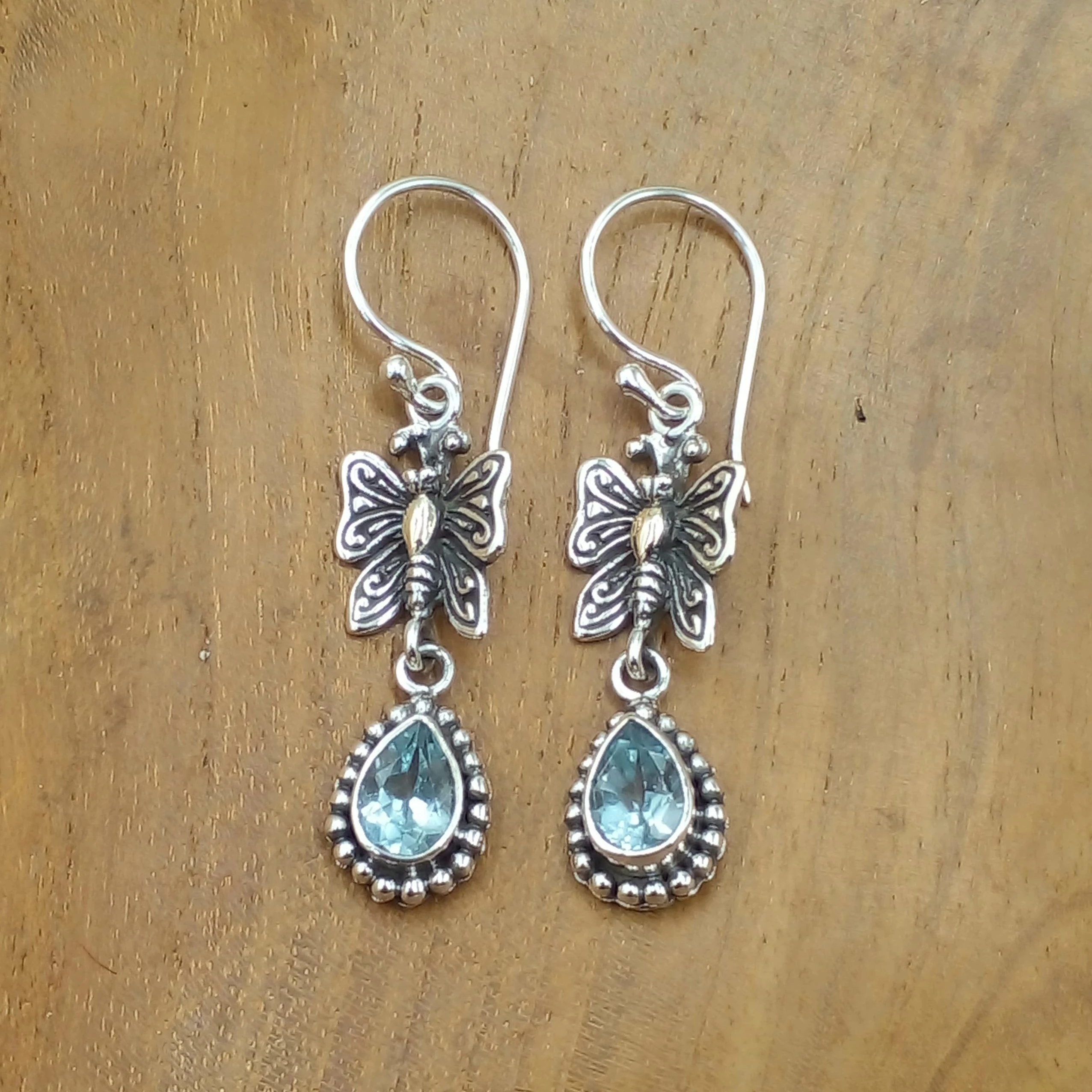 Filigree & Gemstone Silver Butterfly Hanging Earrings E1276BTZW323