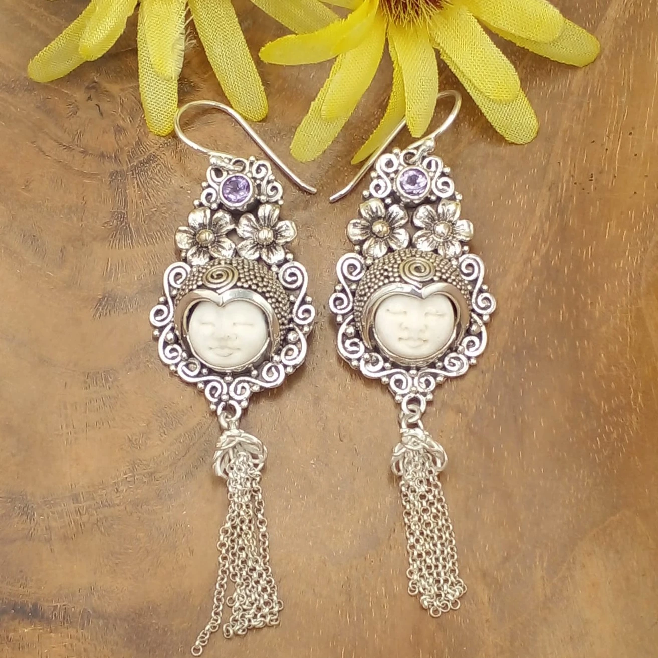 Javanese Silver Long Earrings Filigree Carved Face Classic Culture E1330AMYW858