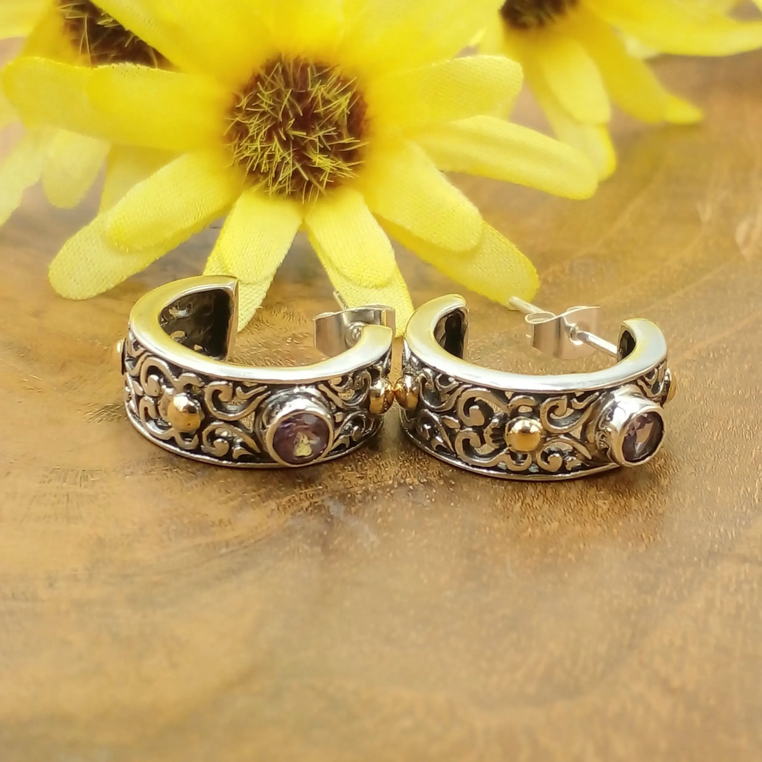 Balinese Subeng Earrings 925 Silver with Stones & 18K Gold Accents E1725G-AMYW545