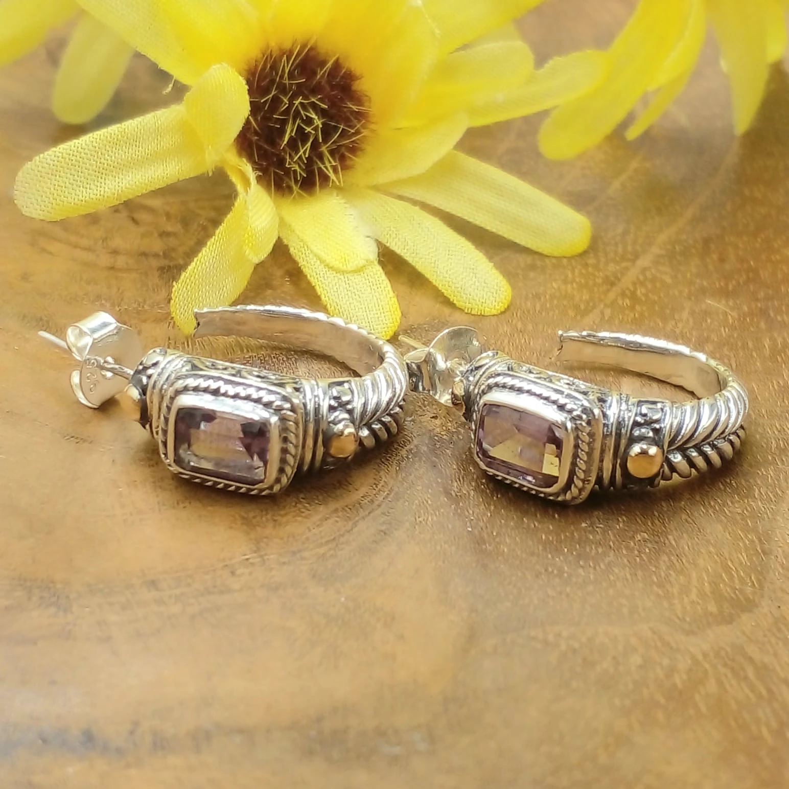 Balinese Carved 925 Sterling Silver Earrings with Rectangle Stones & Gold Accents E1726AMY-W582
