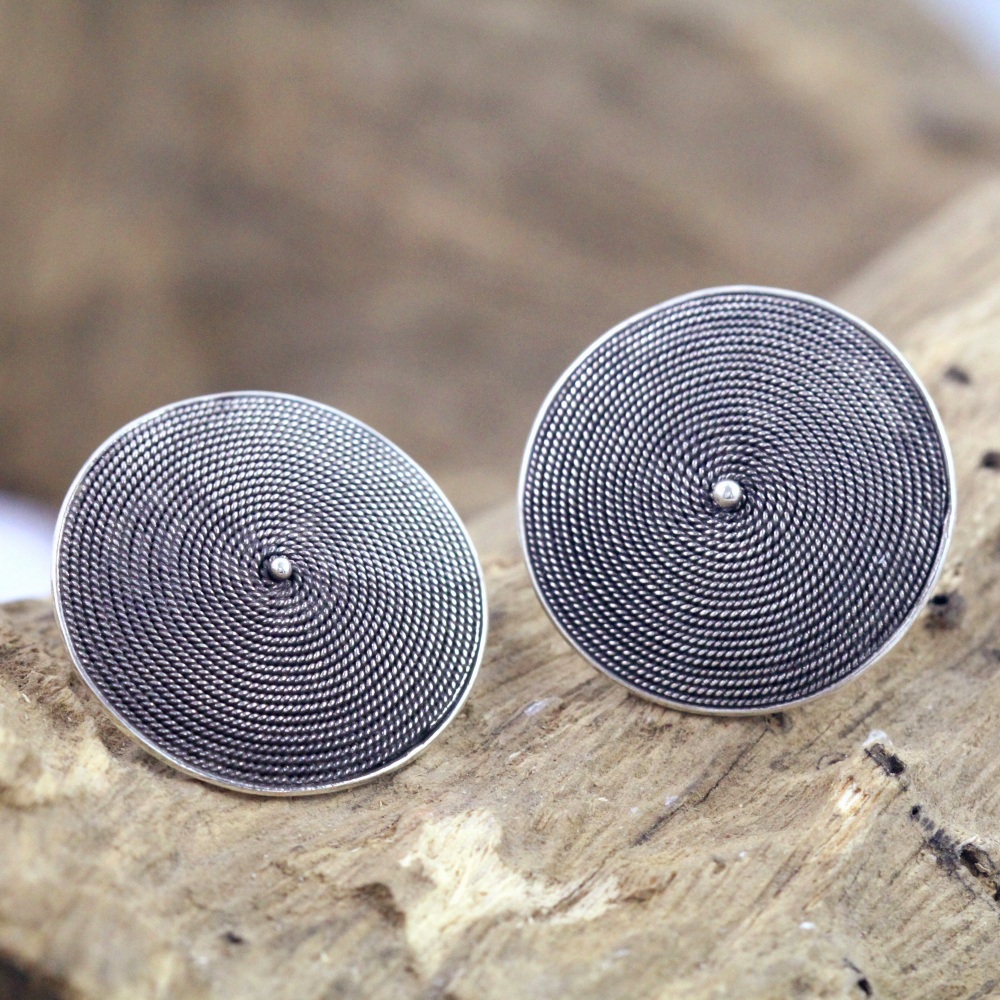 Ethnic Sterling Silver Wire Disc Stud Earrings E866S-W351