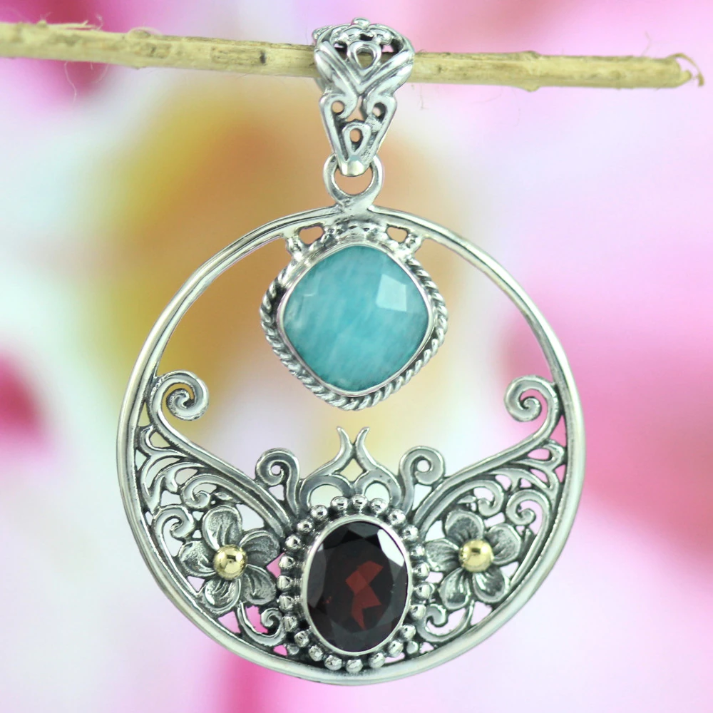 925 Sterling Silver Pendant with Larimar & Garnet P586W498