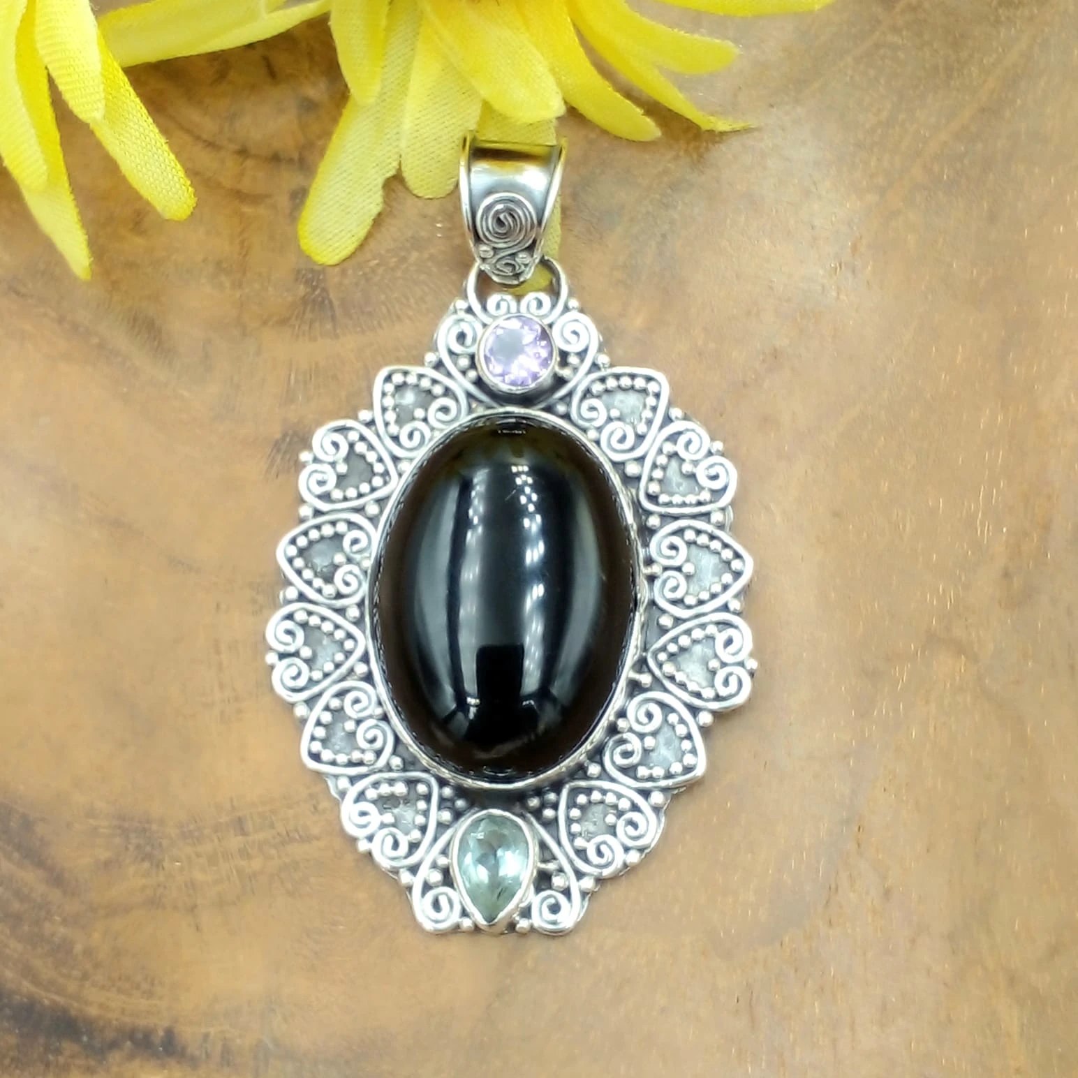 Balinese Silver Pendant with Gems P843AB-W489