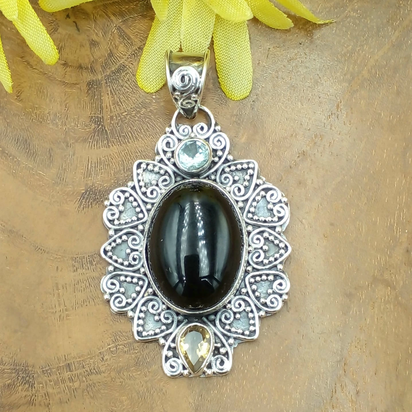 Balinese Silver Pendant with Gems P843AB-W489