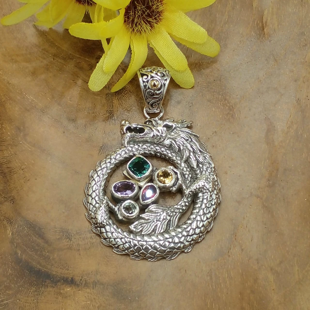 Silver Dragon Pendant with Multi-Gems P867A-W923