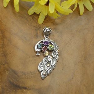 Exotic Peacock Design 925 Silver Pendant with Gold Accents P873W517