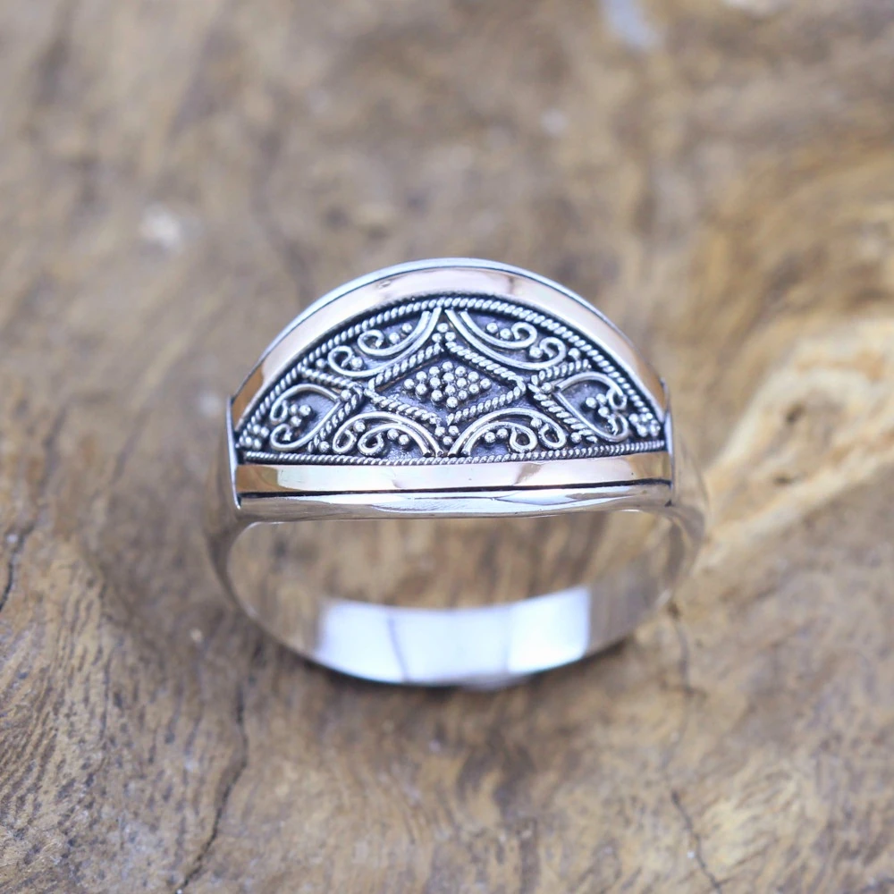 Handcrafted Sterling Silver Shield Ring with Gold Accents R445W415