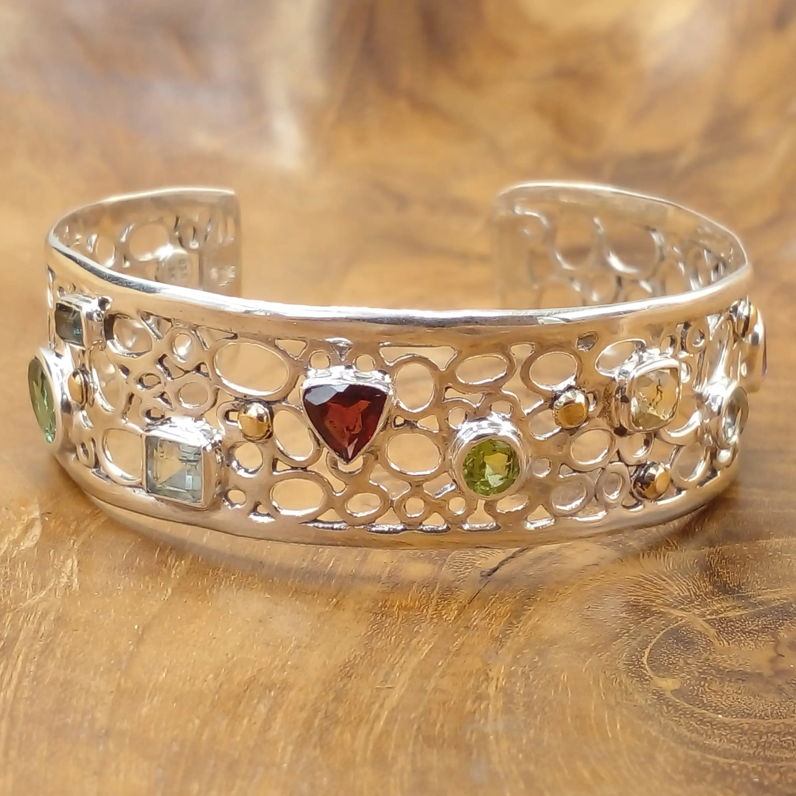 Balinese 925 Silver Multi Gemstone Cuff Bracelet B551W1352