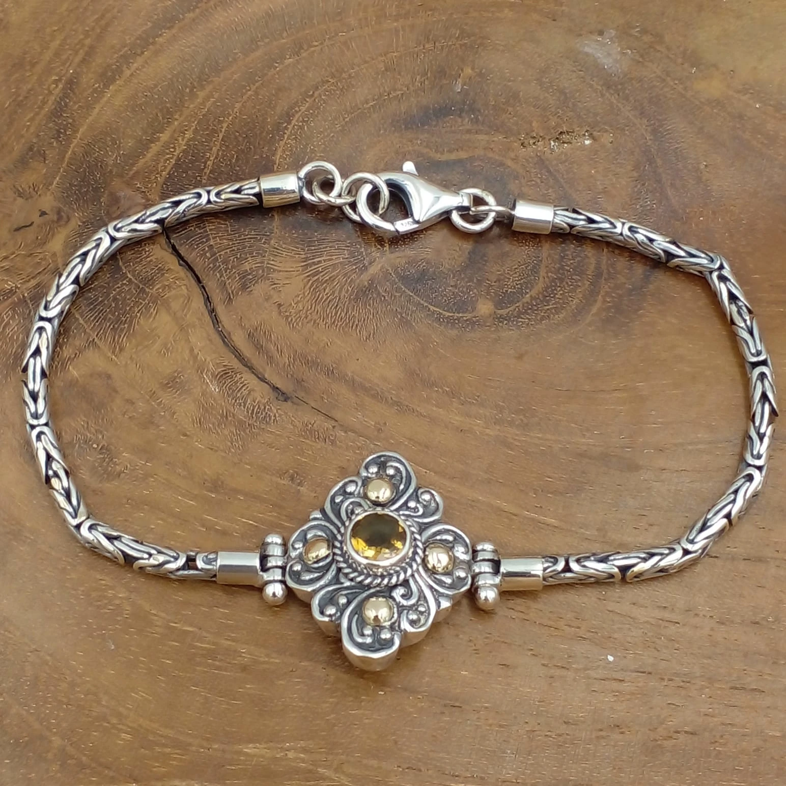 Balinese Borobudur Silver Bracelet with Diamond Carving and Natural Citrine Gemstones B573CTRW582