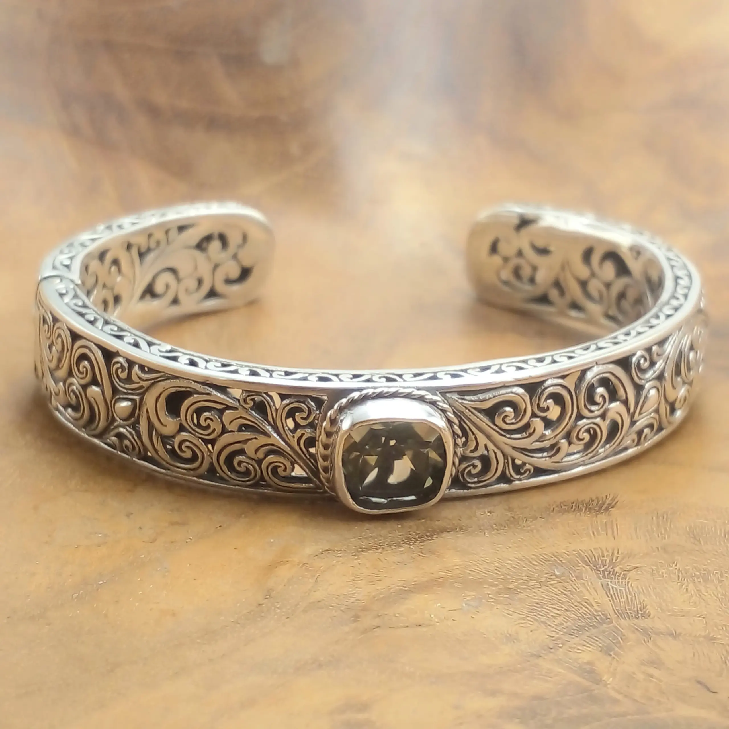 925 Sterling Silver Cuff Bracelet with Traditional Balinese Filigree Carving and Gemstones B593K-GRTW1269