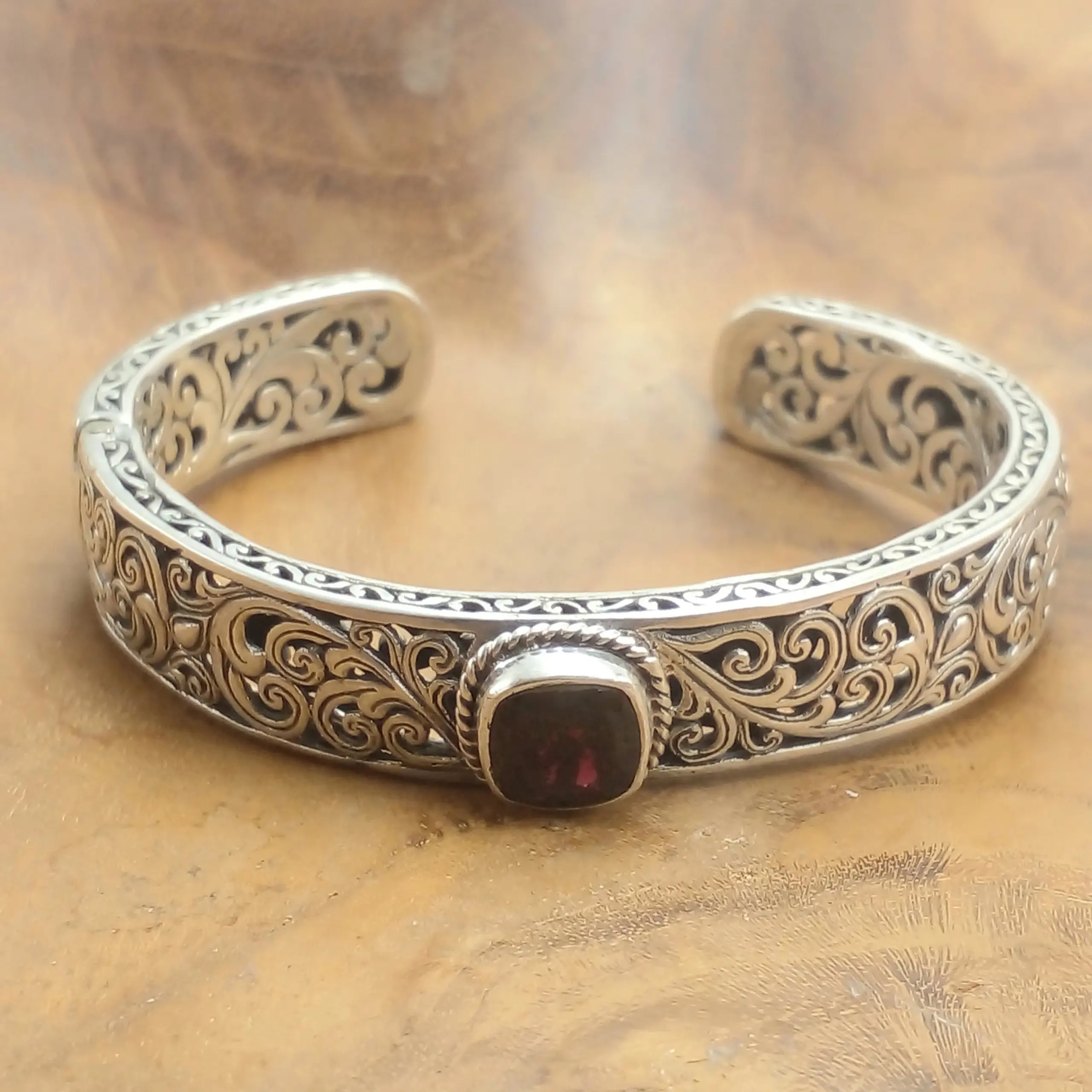 925 Sterling Silver Cuff Bracelet with Traditional Balinese Filigree Carving and Gemstones B593K-GRTW1269