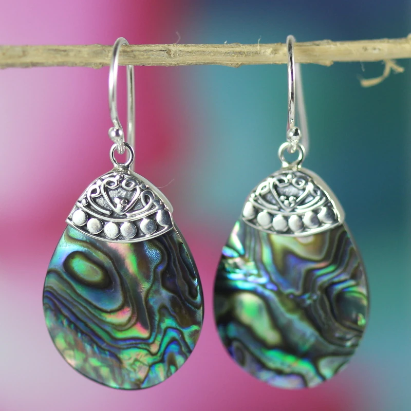 Natural Abalone Shell Water Drop Silver Pendant Earrings E1052ABLW135