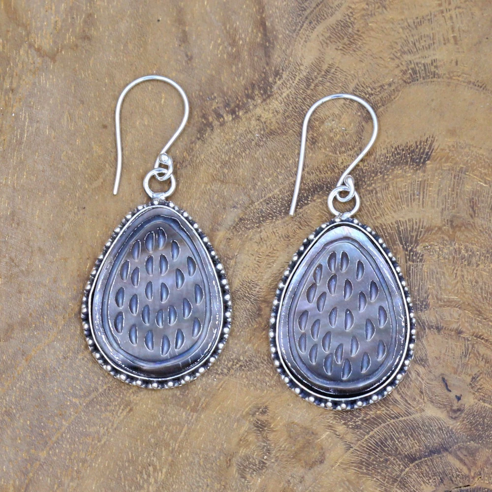Sterling Silver Drop Earrings with Water Drops and Seed Texture Carving E1607BKW200