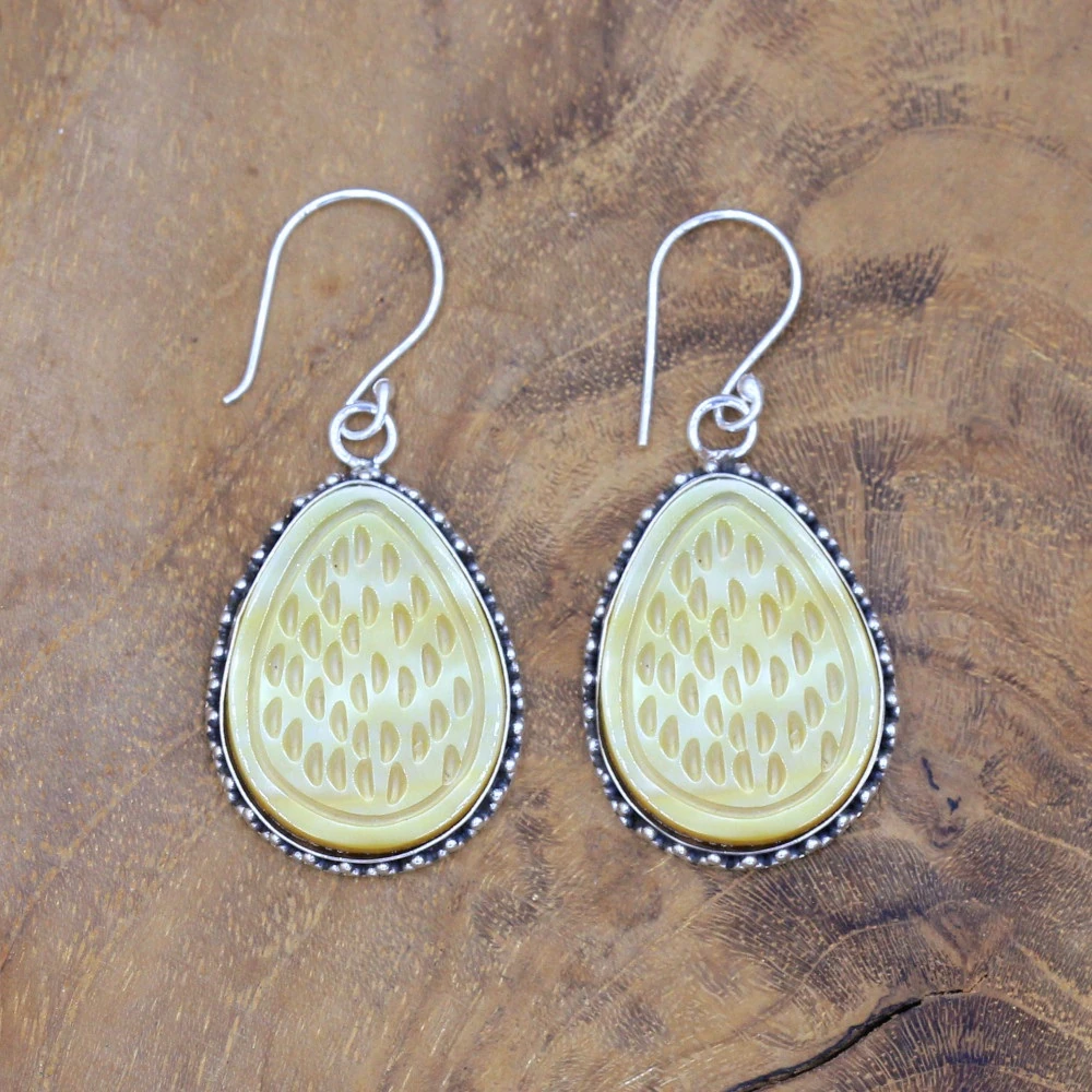 Sterling Silver Drop Earrings with Water Drops and Seed Texture Carving E1607BKW200