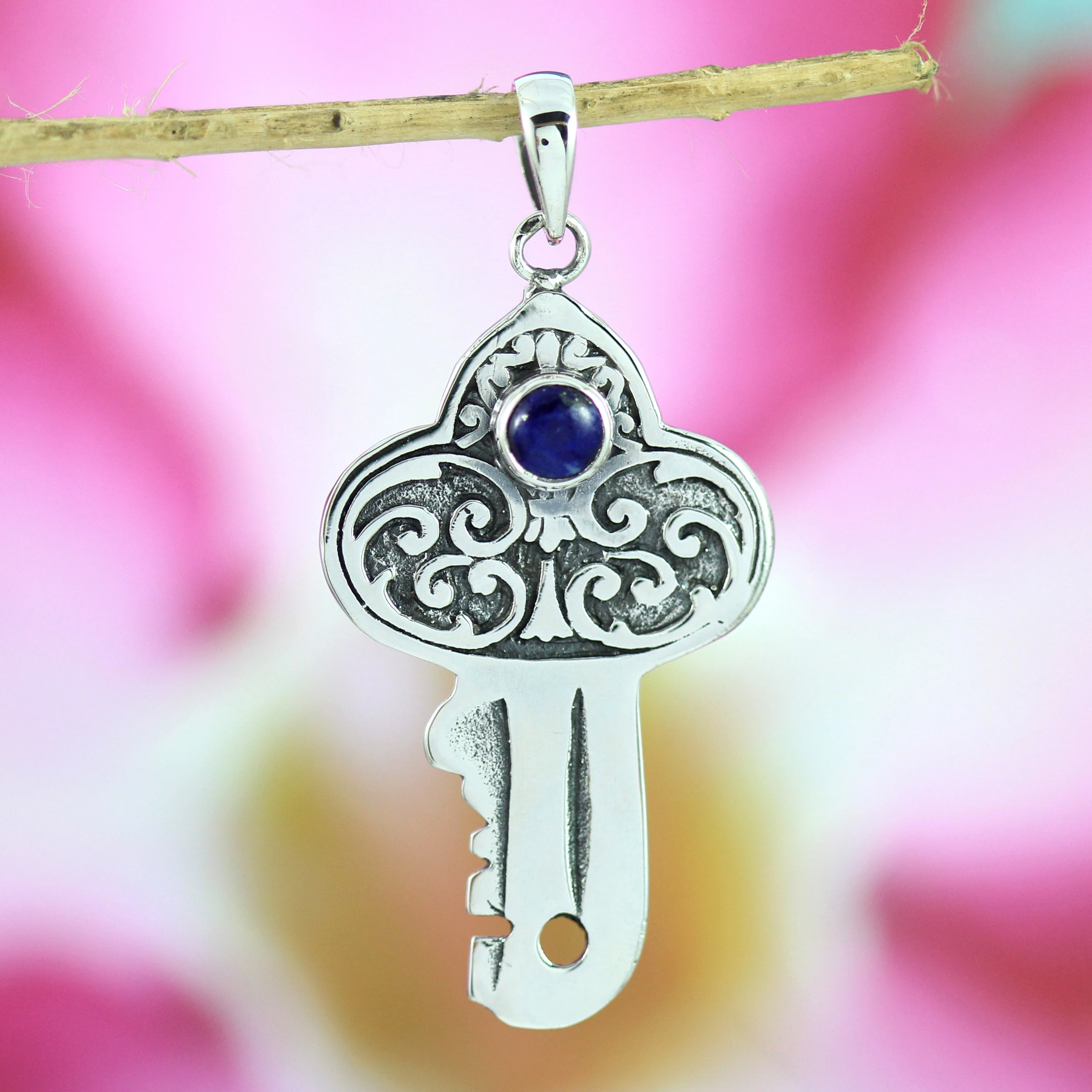925 Sterling Silver Key Pendant with Balinese Lapis Lazuli Gemstone Carving P416LPZW315