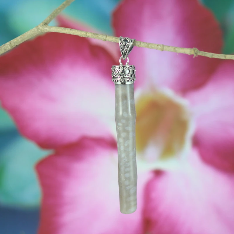 925 Sterling Silver Petrified Bamboo Pendant with Traditional Carving P513W210