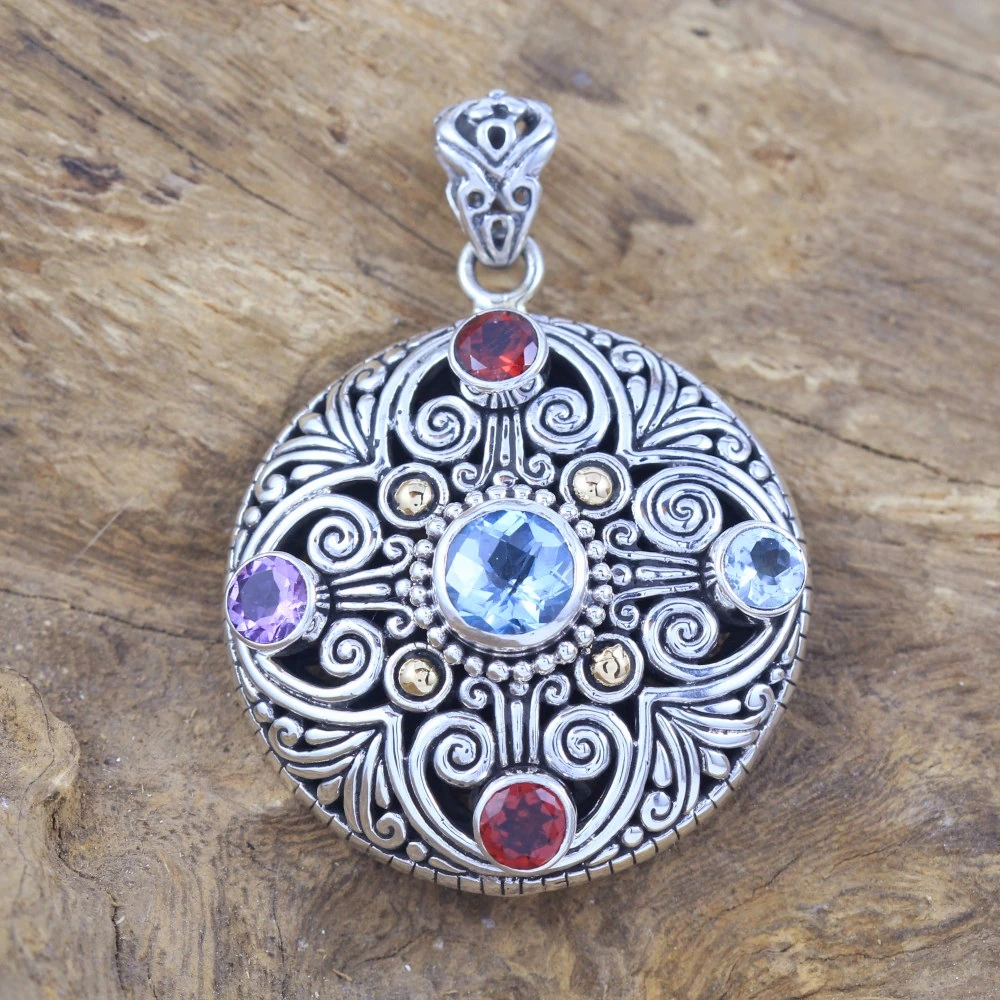 Balinese Mandala  Pendant Genuine 925 Silver with stones  P580BTZW932