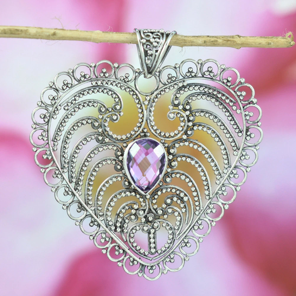 Balinese Filigree Silver Heart Pendant with Amethyst Gemstone P607AMYW342