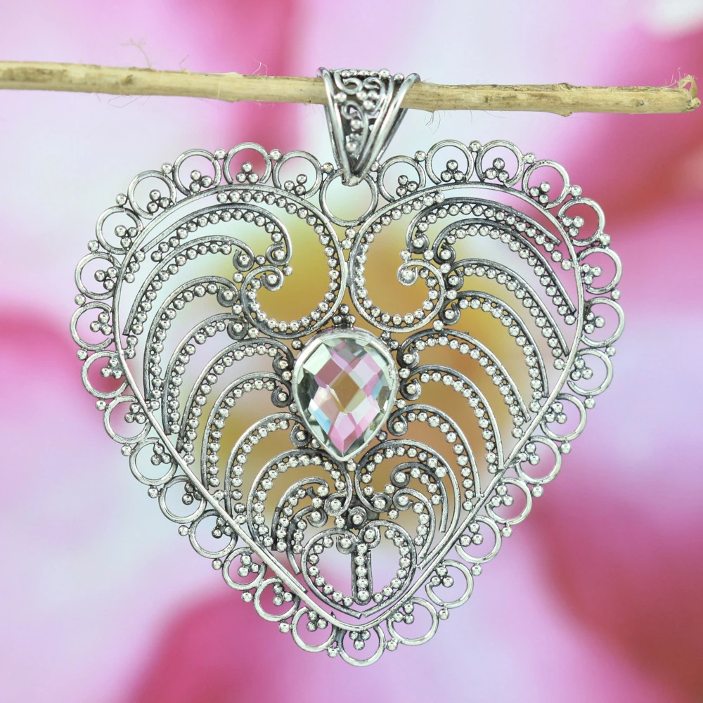 Balinese Filigree Silver Heart Pendant with Amethyst Gemstone P607AMYW342