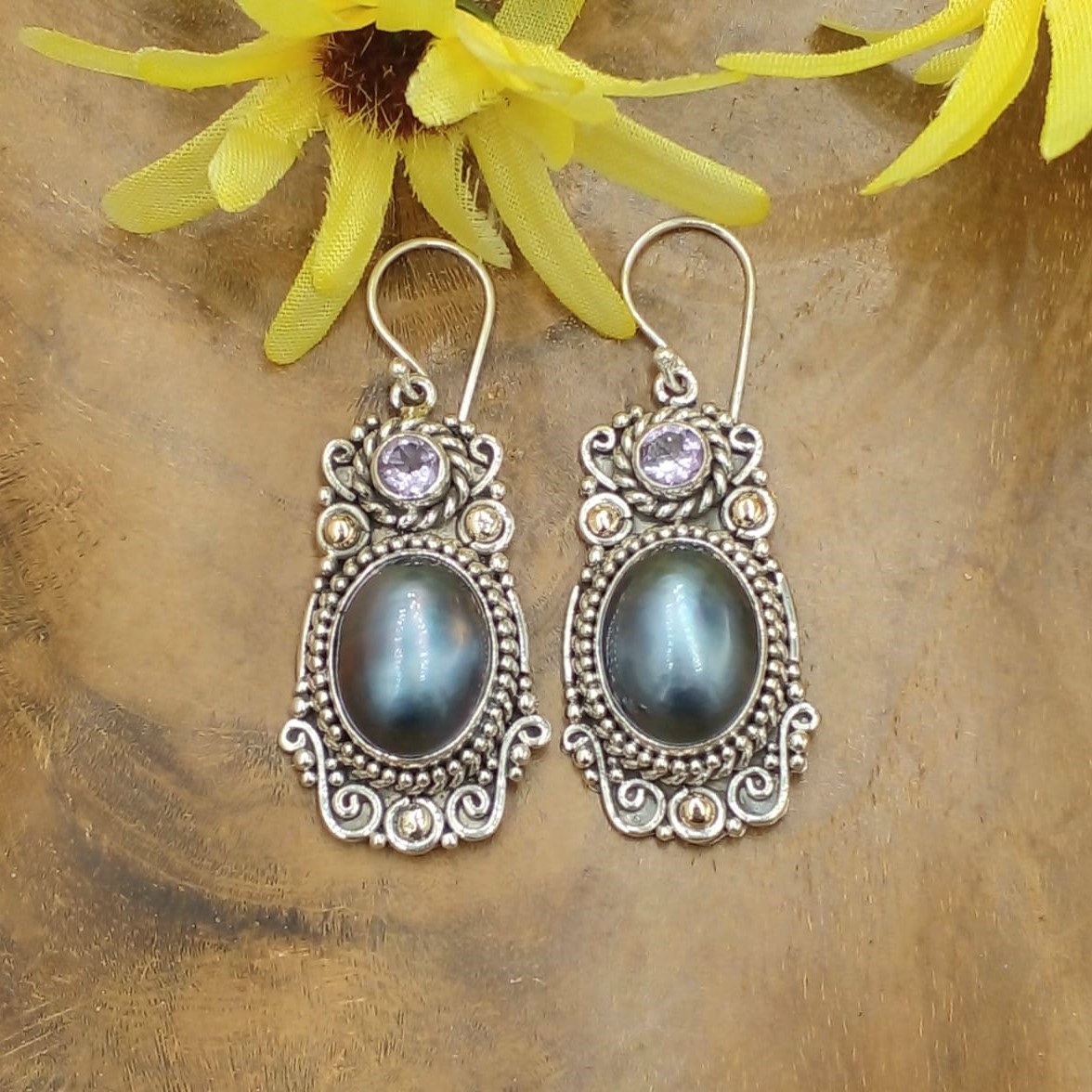 Balinese Ethnic Blue Mabe Pearl Silver Earrings E1676MBLW840