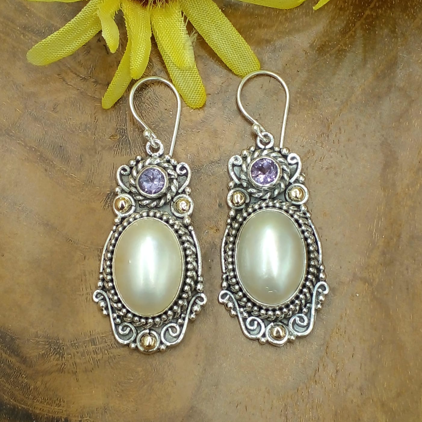 Balinese Ethnic Blue Mabe Pearl Silver Earrings E1676MBLW840