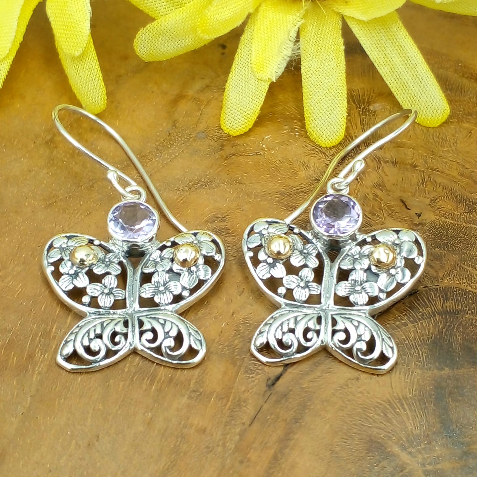 Balinese Silver Butterfly Earrings with Gemstones E1694AMYW342