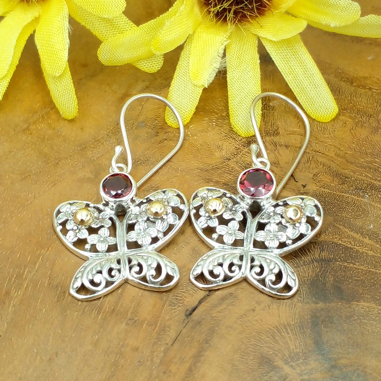 Balinese Silver Butterfly Earrings with Gemstones E1694AMYW342