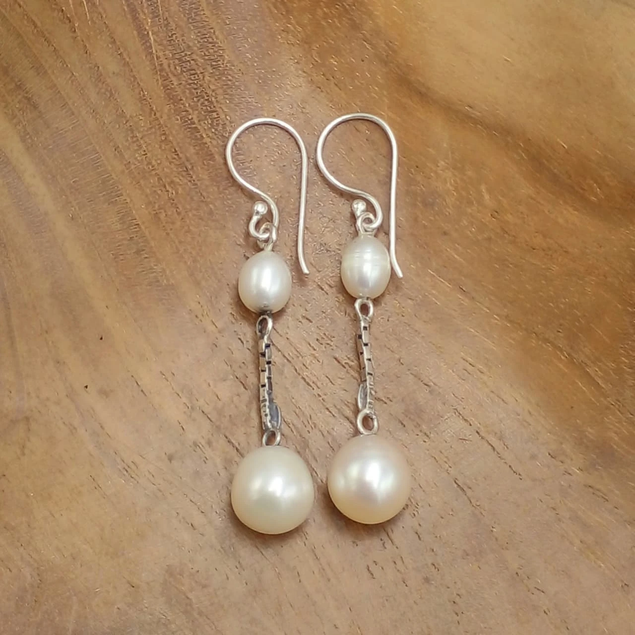 Silver Hook Earrings with Two Natural White Pearls  E1859W369