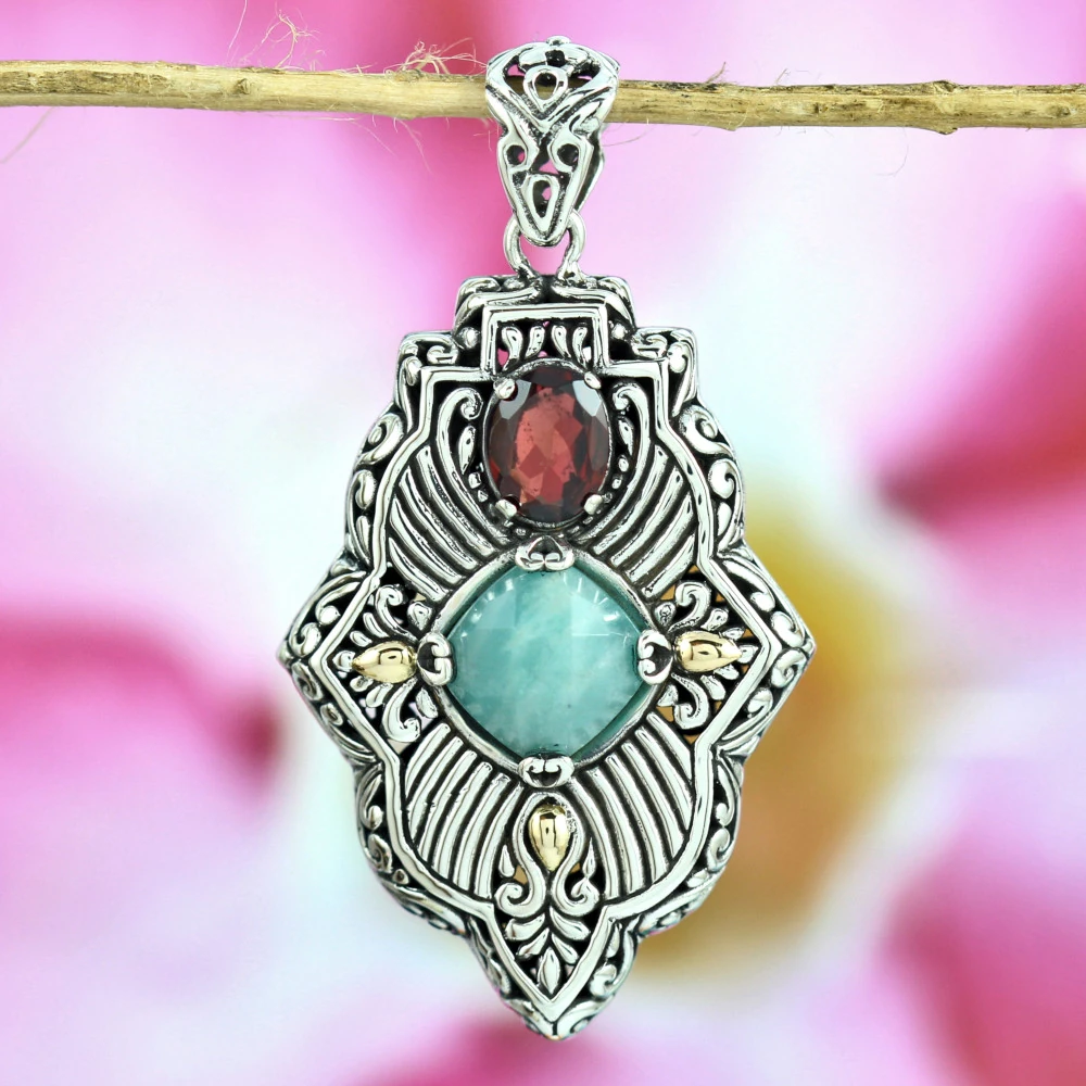 Silver Pendant with Gold, Larimar, and Garnet P581AMZW669