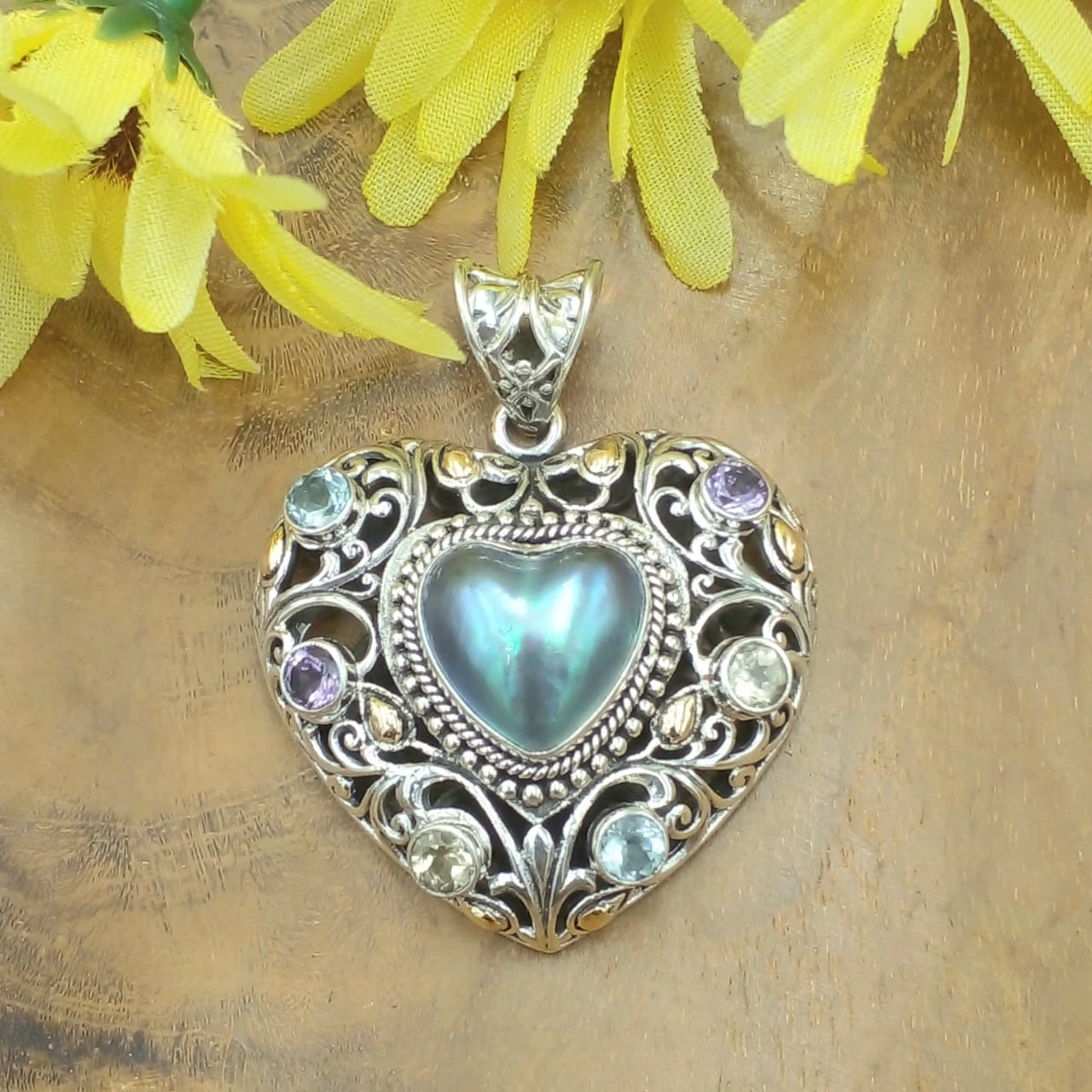 925 Silver Mabe Pearl and Multi-Gem Heart Pendant P678MBLW978