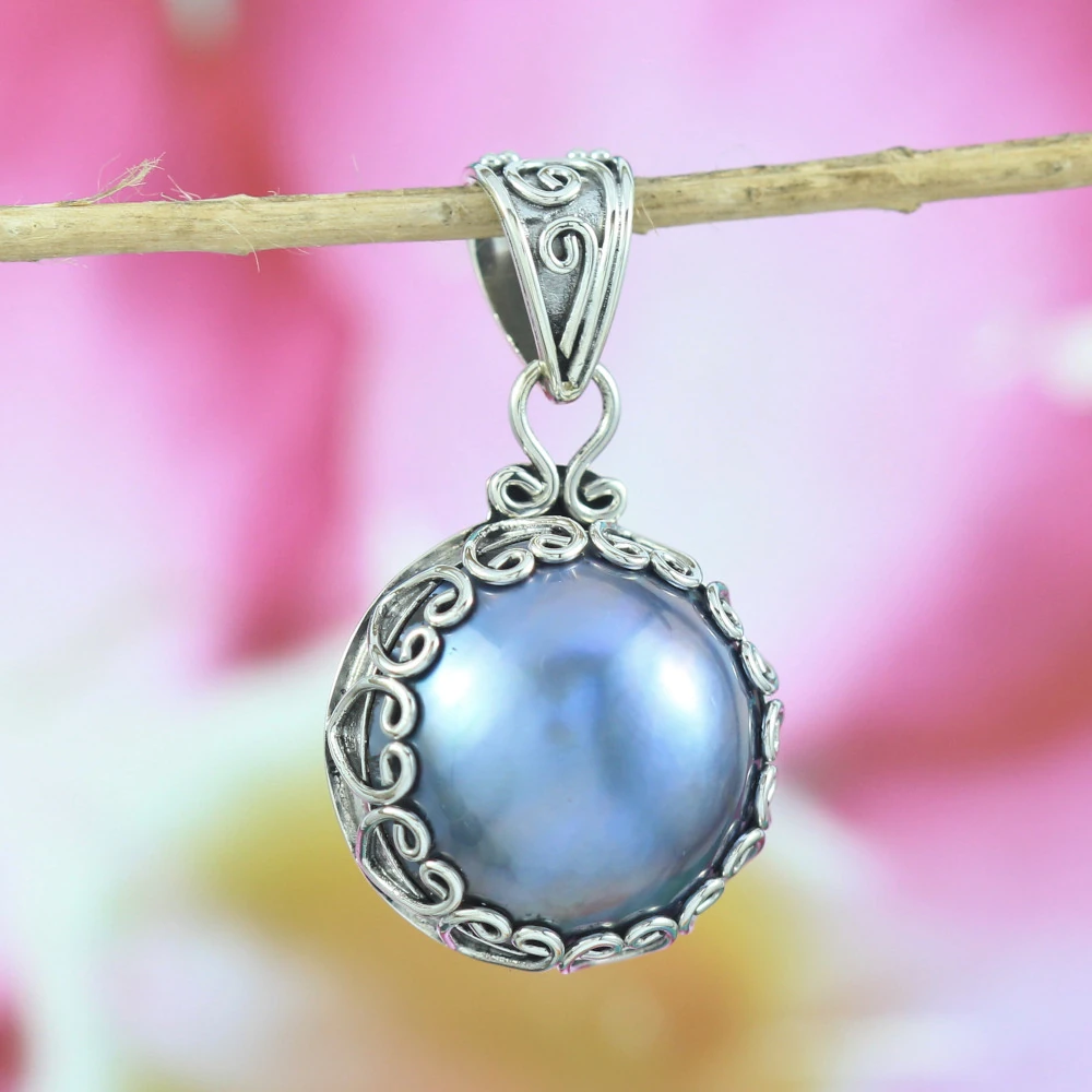 Balinese Carved 925 Silver Blue Mabe Pearl Pendant P726MBLW210