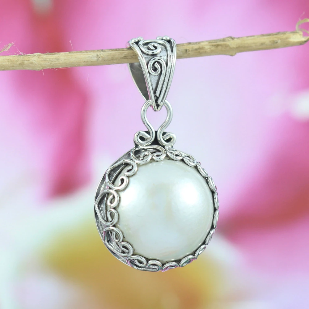 Balinese Carved 925 Silver Blue Mabe Pearl Pendant P726MBLW210