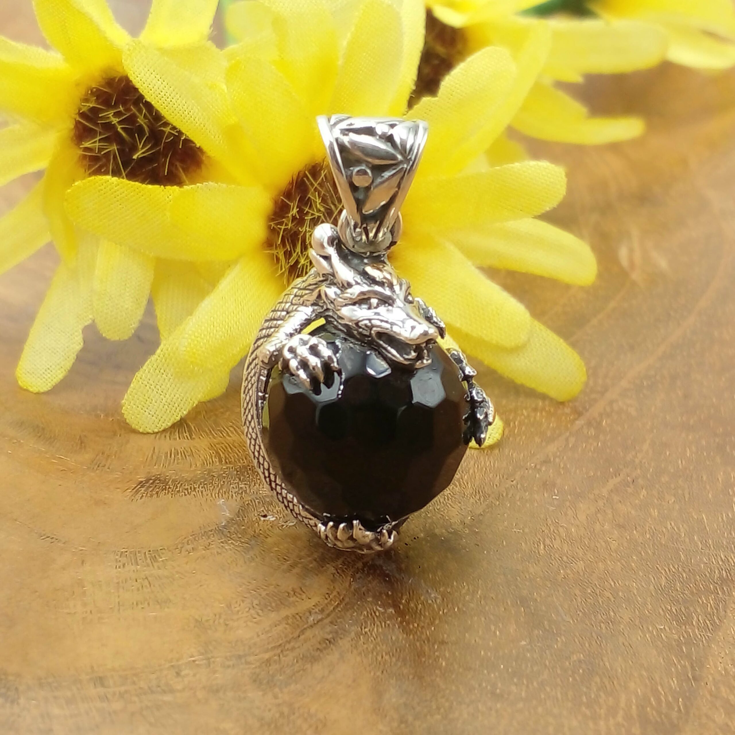 Carved Sterling Silver Dragon Pendant with Black Onyx P879BLXW360
