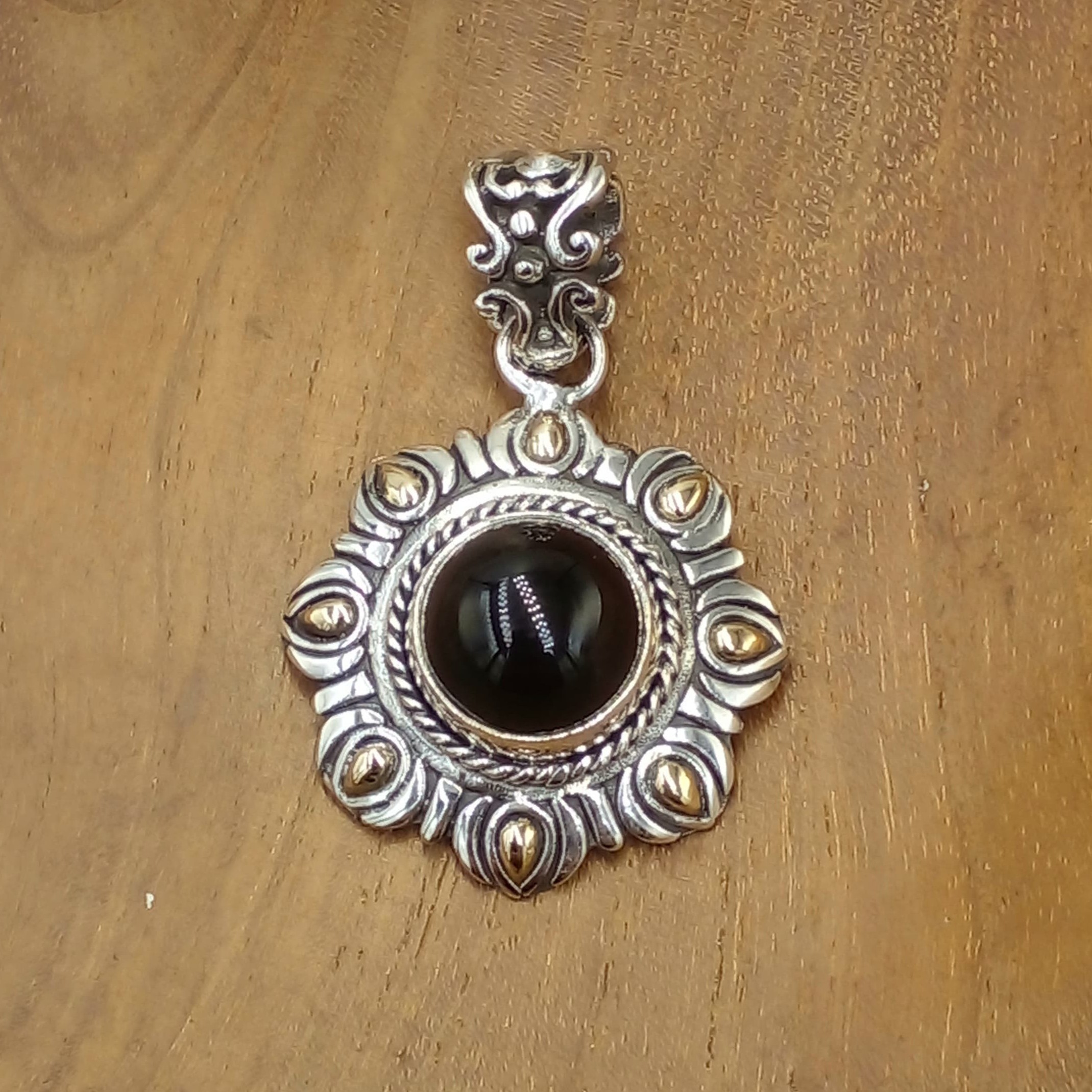 Round Ethnic Silver Pendant with Black Stone and Gold Accents P886BLXW545