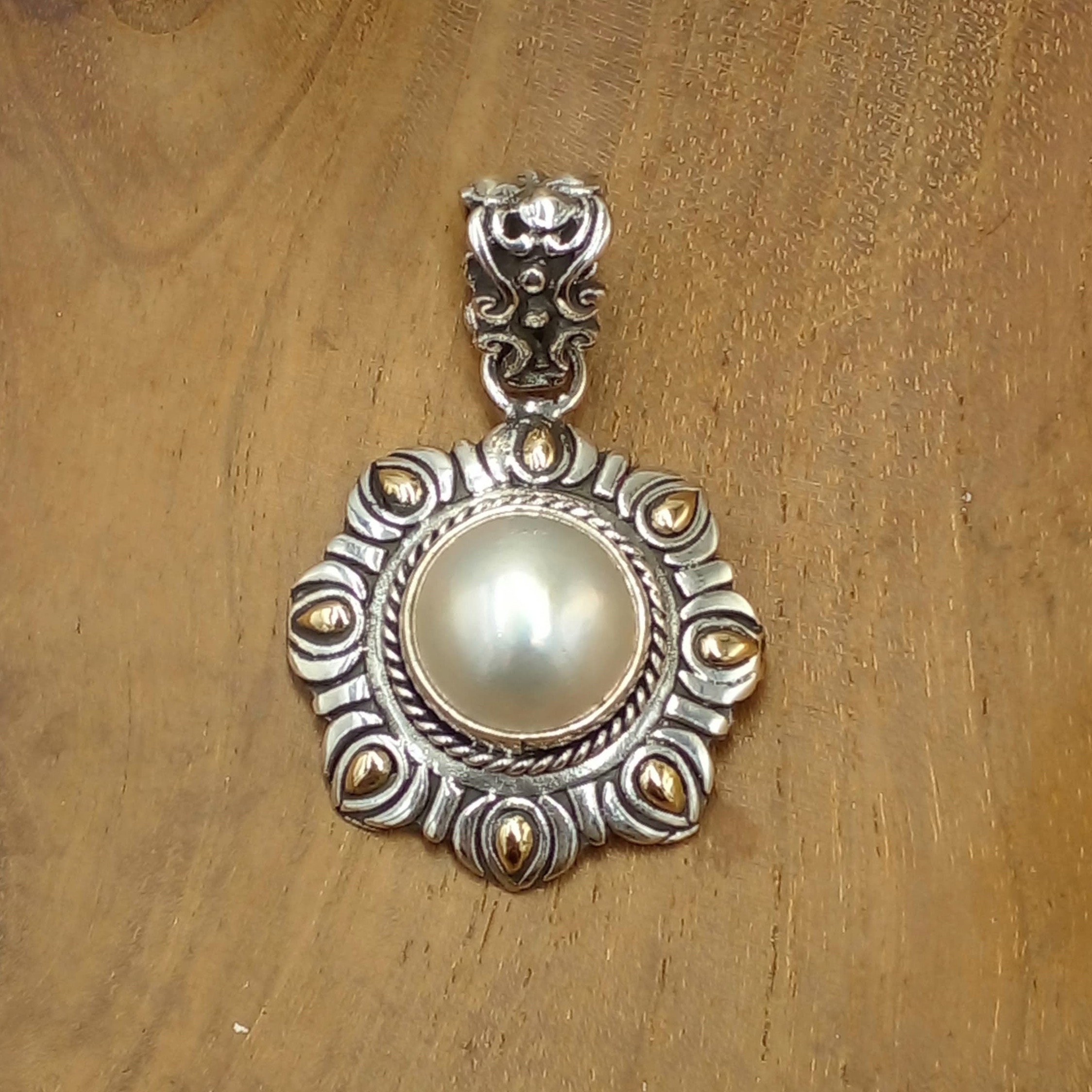 Round Ethnic Silver Pendant with Black Stone and Gold Accents P886BLXW545